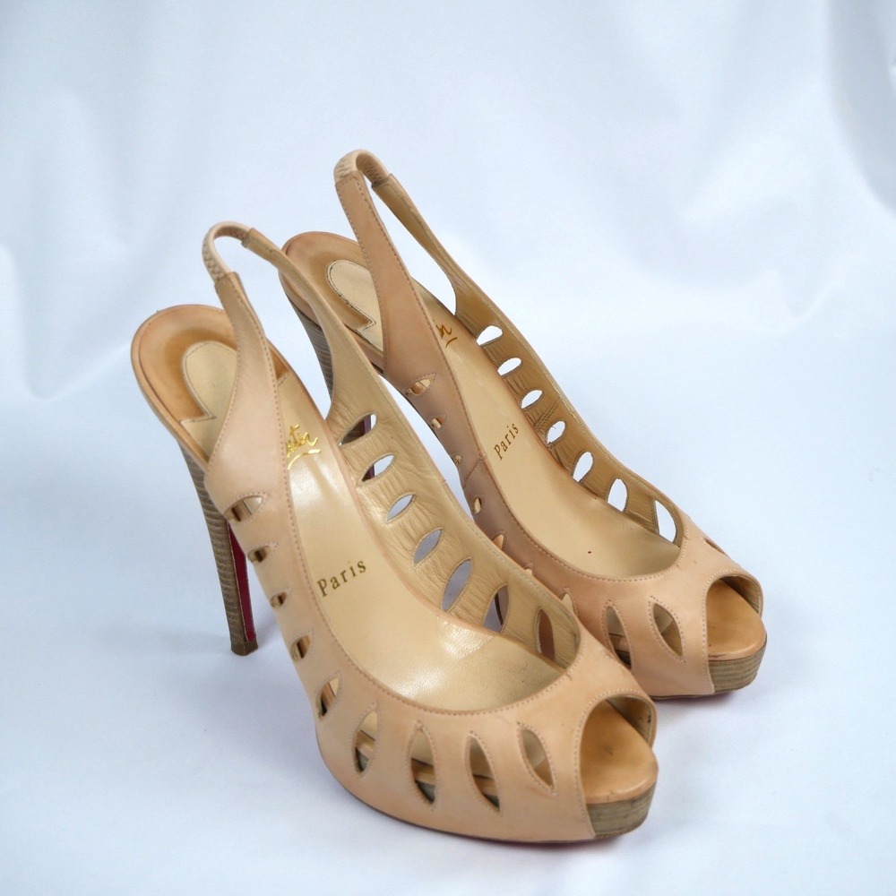 Christian Louboutin Griff Sling 120 Beige Leather Cutout Platform Pumps 37.5